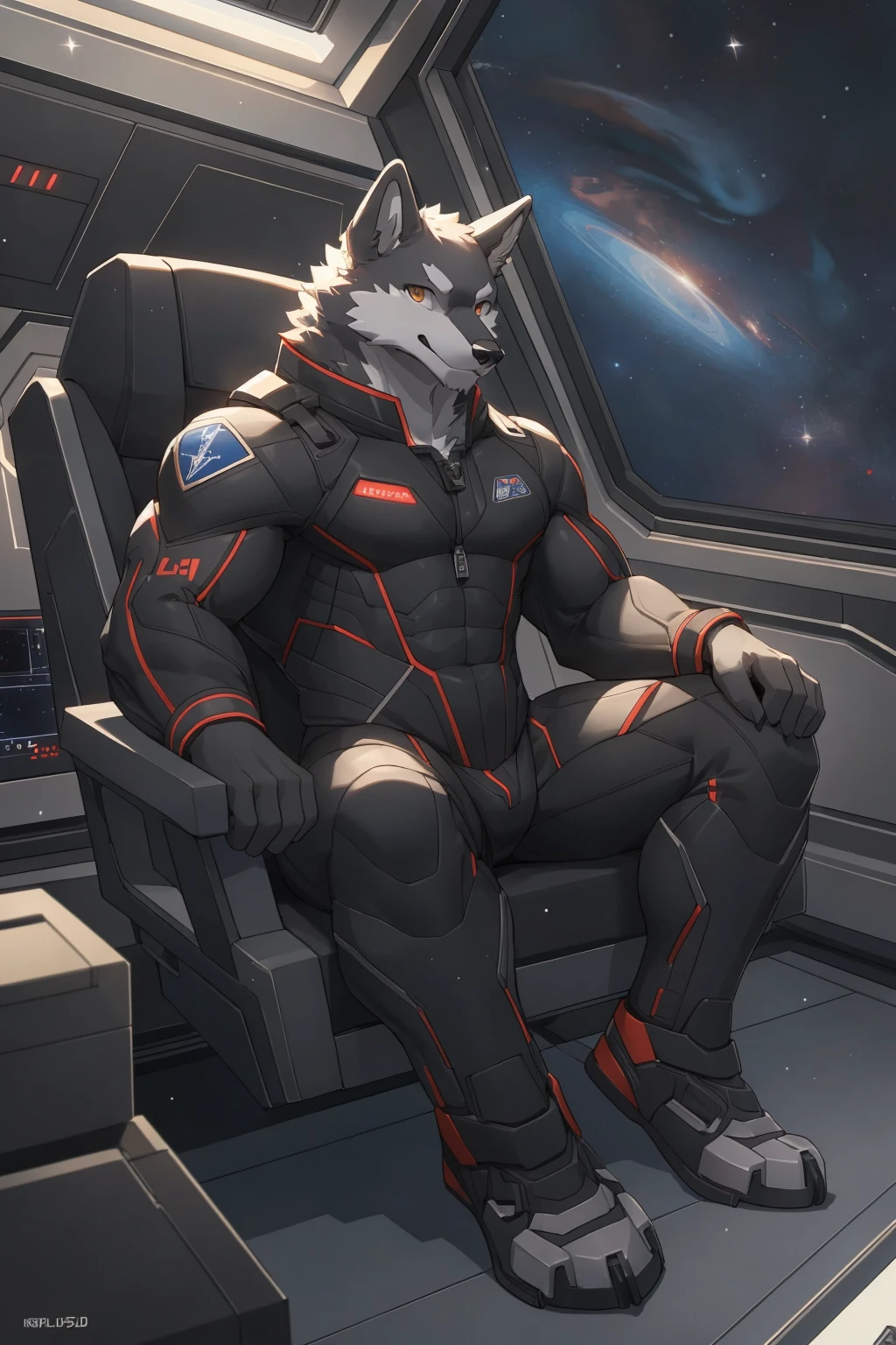 a muscular sexy male african wild dog, alone in a spaceship, wearing a sensual astronaut suit, with visible bulge and perfect muscular abs, sexy face (penis, balls, big penis),