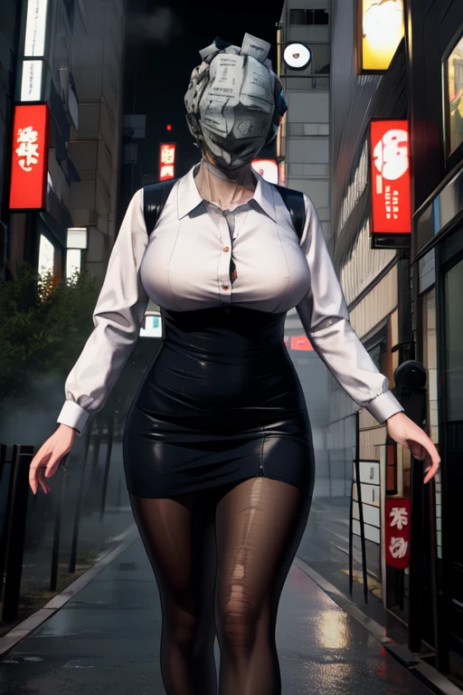 paperdoll,newspaper covering head,faceless female,
pantyhose,long sleeves,white shirt,dress shirt,
tokyo,streets,fog,night,
(insanely detailed, masterpiece, best quality),
solo,<lora:paperdoll:0.8>,