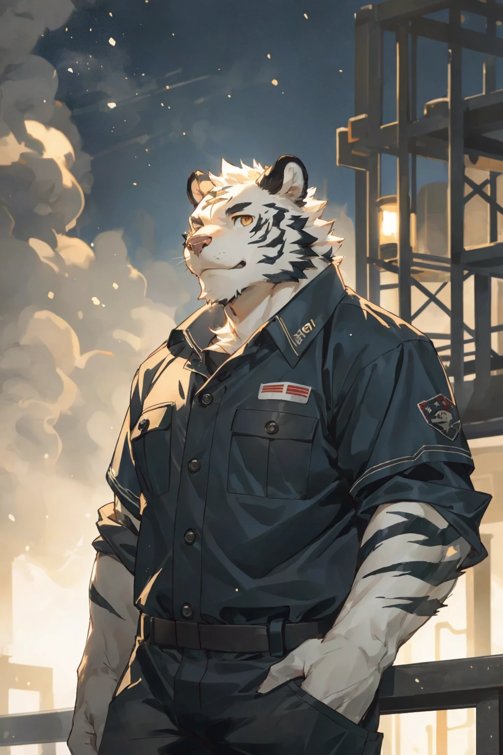 (masterpiece,best quality,ultra detailed,perfect anatomy),detailed background,hi res,nj5furry,kemono,
perfect lighting,light particles,sharp focus,light particles,by milkytiger1145,by lindong,by null-ghost,
BREAK
dark theme,sunlight,outside,factory,(smoke,chimney),fog,
solo,solo foucs,male,male focus,anthro,felid,tiger,muscular,(half-length portrait,upper body:1.5),
BREAK 
(white fur:1.5,white body:1.5),looking at viewer,detailed eyes,
clothed,topwaer,bottomwear,footwear,worker,(factory uniforms,work wear style),gloves,boots,