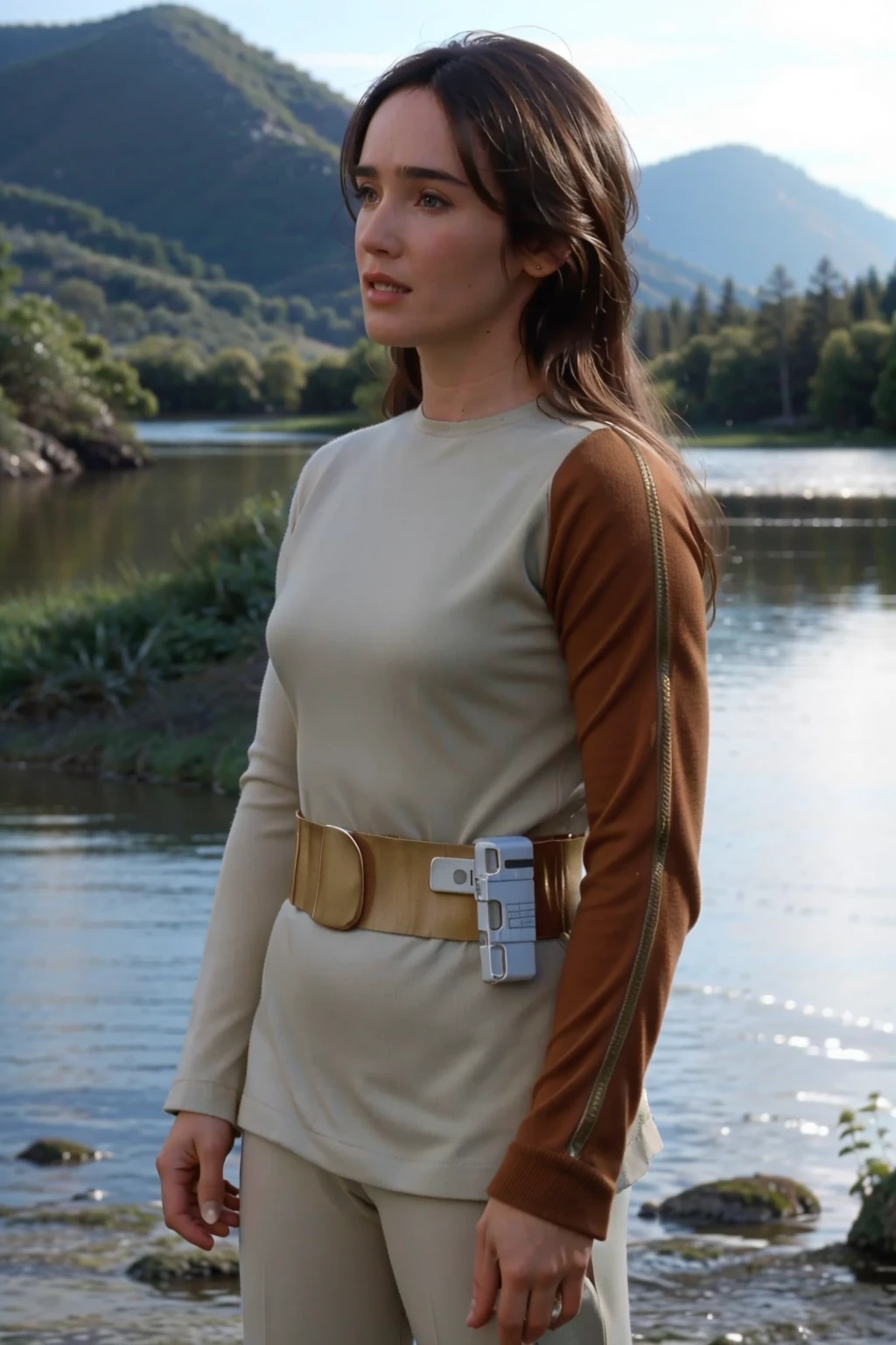 Jennifer Connelly in s1999unf uniform,brown left sleeve,near a lake,long hair<lora:S1999unf:0.8>
