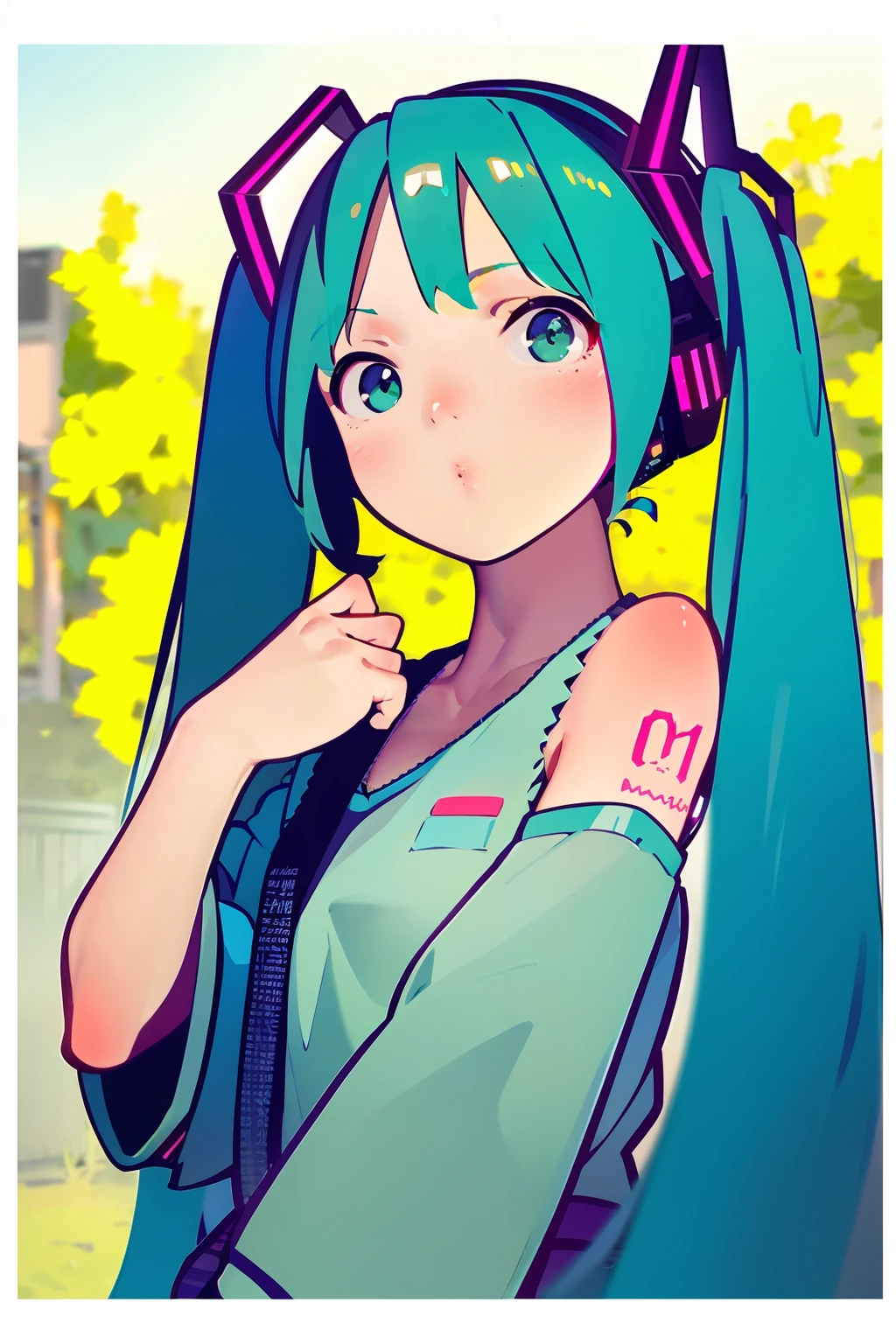 masterpiece, best quality,1girl, hatsune miku, outdoors,green hair,long hair,twintails, headgear,