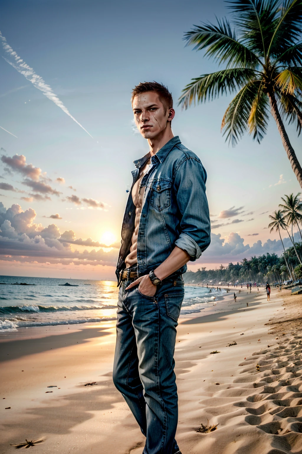 (masterpiece, best quality) <lora:epi_noiseoffset2:1> <lora:add_detail:0.7> <lora:JakeMullerRE:0.8>
JakeMullerRE, 1boy, at the beach, casual clothing, palm trees, sundown
