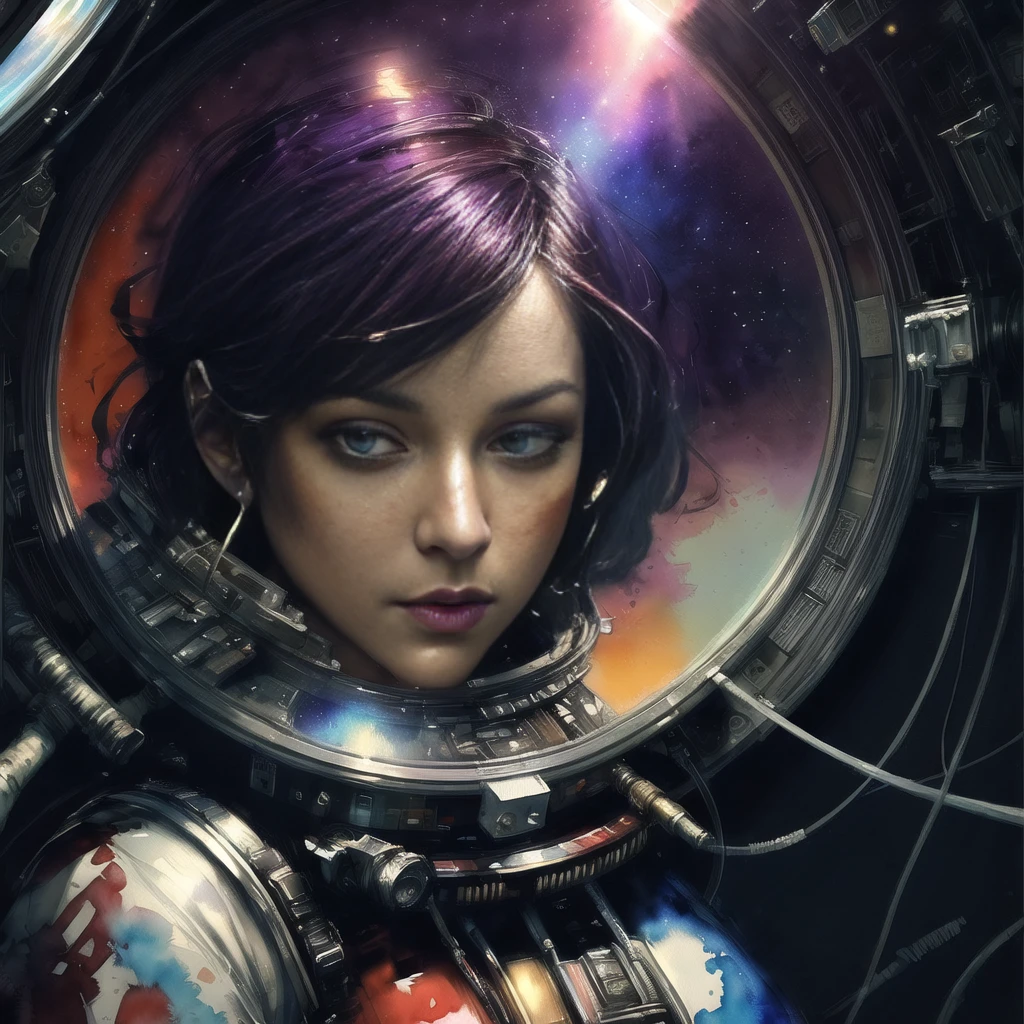 (masterpiece, top quality, best quality, extreme detailed, highest detailed, official art, beautiful and aesthetic:1.2), colorful, cowboy shot, beautiful face, solo, perfect body, 1girl, in space, spacecraft, spacesuit, sun rays, indoors, (wires and cables:1.1), (science fiction:1.2), porthole, illuminator, stars,fantasy, high contrast, ink strokes, explosions, over exposure, purple and red tone impression , abstract, ((watercolor painting by John Berkey and Jeremy Mann )) brush strokes, negative space,
<lora:add_detail:.4>,  <lora:fansty world_20230601105102:.7>,, <lora:EgirlPLFW:.7>,  <lora:hairdetailer:.8>,  <lora:LowRA:.4>,