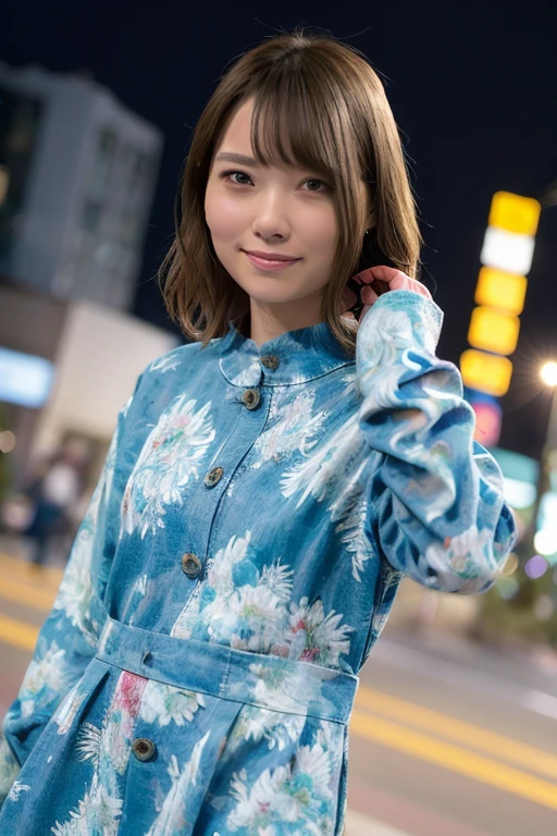 1girl (wearing a casual dress:1.5),(in city at night: 1.5)(RAW photo, best quality), (realistic, photo-realistic:1.4), masterpiece, an extremely delicate and beautiful, extremely detailed, 2k wallpaper, Amazing, finely detail, extremely detailed CG unity 8k wallpaper, ultra-detailed, highres, soft light, beautiful detailed girl, extremely detailed eyes and face, beautiful detailed nose, beautiful detailed eyes,perfect anatomy,soft light,slender body,(city lights at night),smiling,(close up:1.5),(look at viewer from front:1.5),cinematic angle,slender body,(wavy short  hair), 
 <lora:amamiyurina_lora-02:0.8>