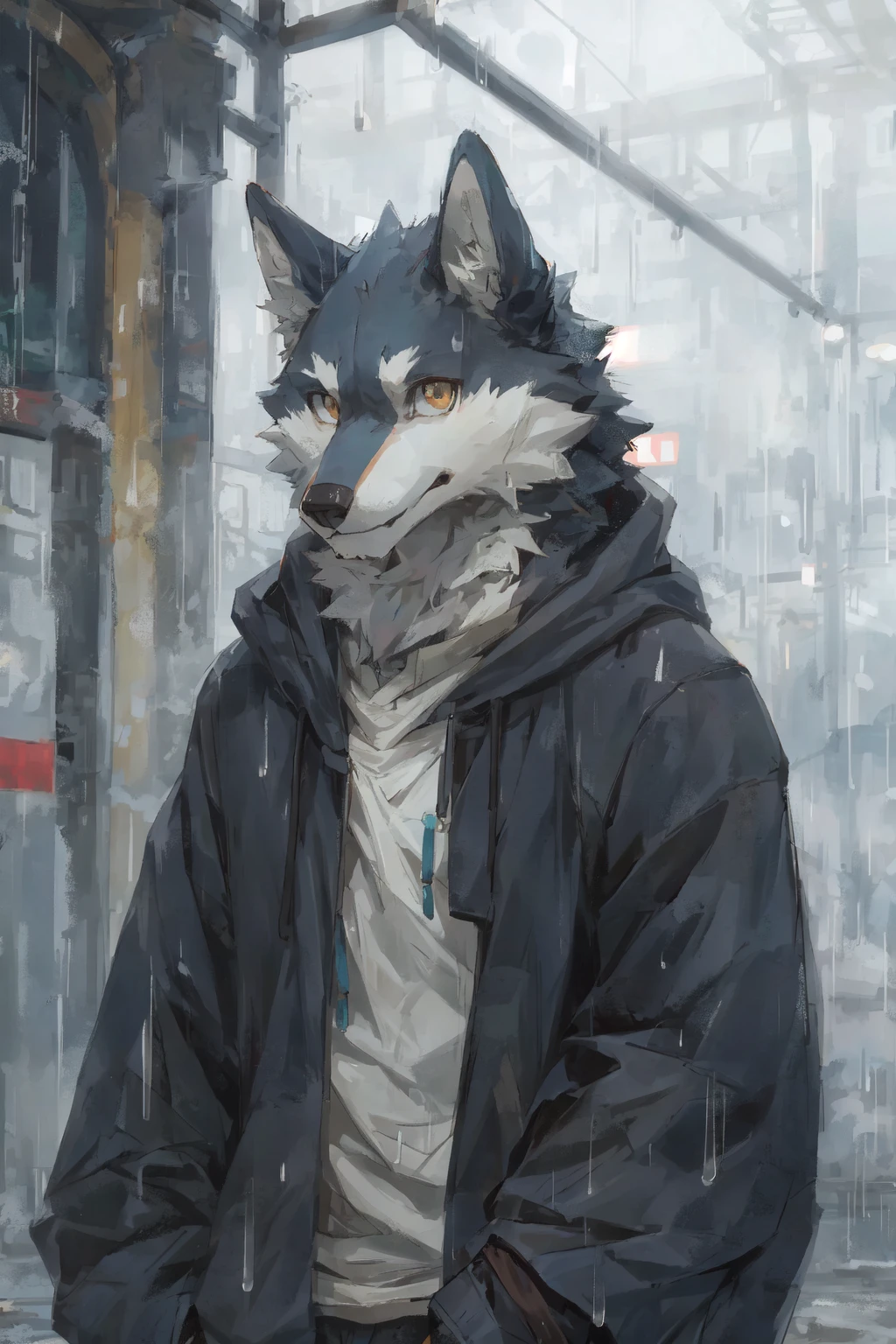 masterpiece, best quality, perfect anatomy,nj5furry,kemono,
solo,male,anthro,wolf,baggy clothing, gentle,
bright eyes, detailed eyes, looking at viewer,
train station, waterdrop, grey sky, raining, fog,