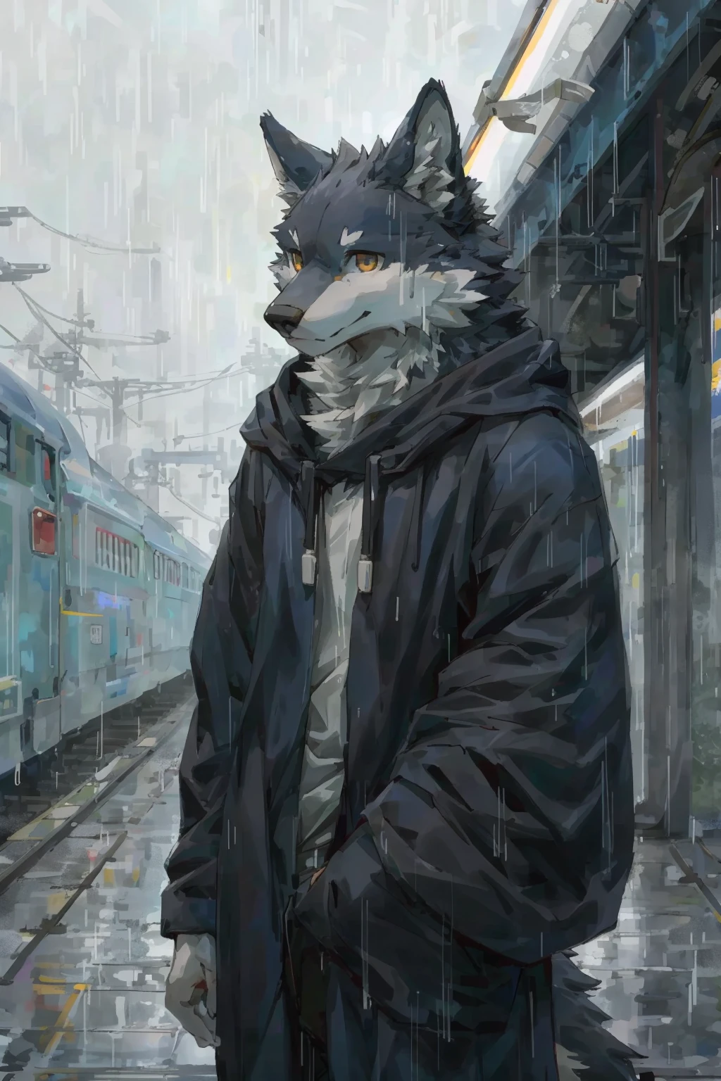 masterpiece, best quality, perfect anatomy,nj5furry,kemono,
solo,male,anthro,wolf,baggy clothing, gentle,
bright eyes, detailed eyes, looking at viewer,
train station, waterdrop, grey sky, raining, fog,