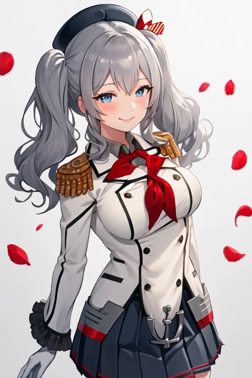 best quality, masterpiece, highres, solo, {kashima_kantaicollection:1.15}, twintails, grey_hair, wavy_hair, blue_eyes, breasts, blush, long_hair, smile, hat, large_breasts, beret, 1girl, epaulettes, frilled_sleeves, frills, long_sleeves, looking_at_viewer, military, military_uniform, neckerchief, skirt, uniform, buttons, gloves, miniskirt, pleated_skirt, petals, red_neckerchief, white_gloves