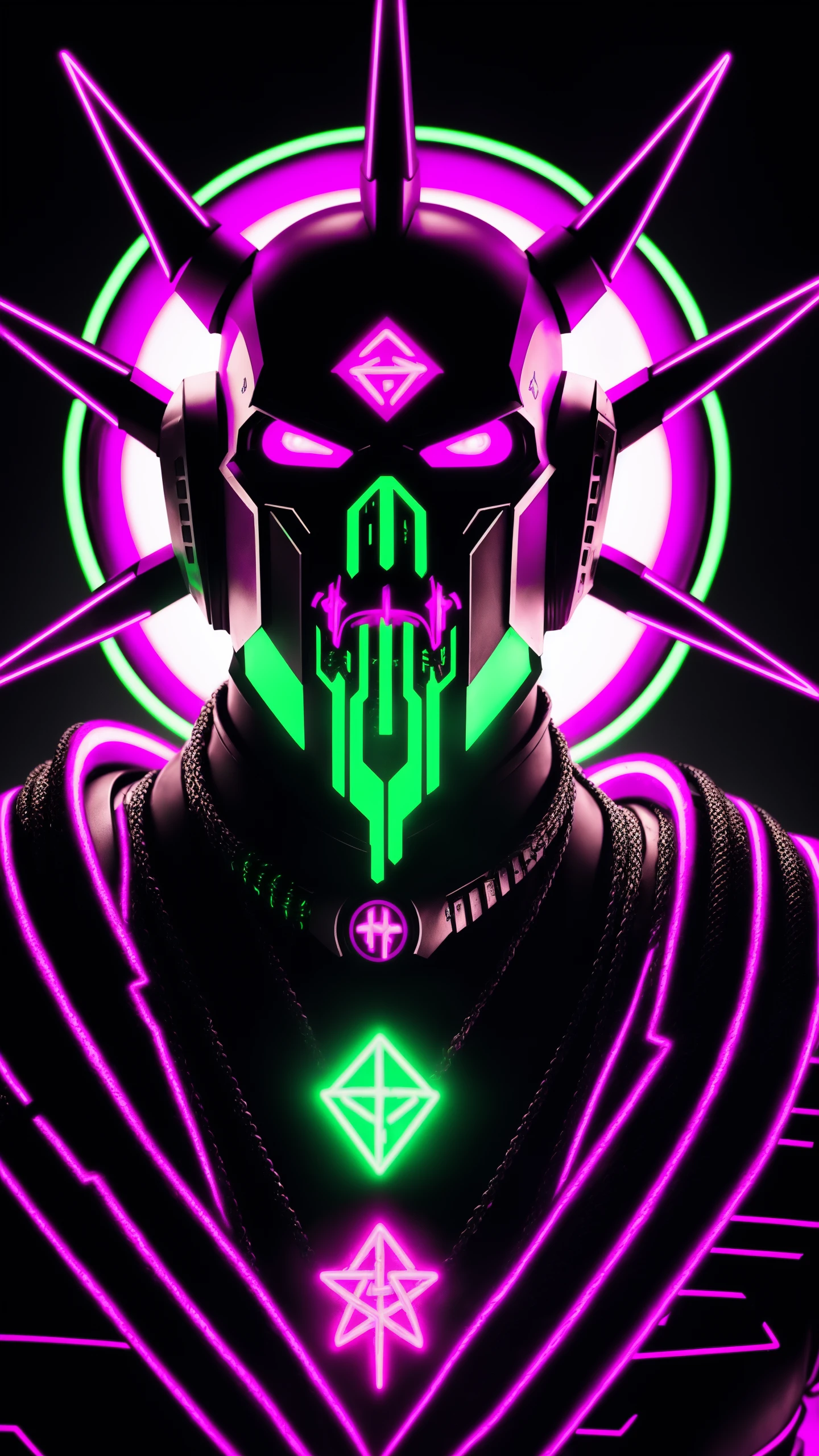 Darksynth backgound, darksynth cyborg, darksynth virus, flagellation, the indominable chaos god, chess god, dark vaporwave, doom slayer, satanic symbols in the hair, neon green, neon purple, darksynth dystopia, glowing face, screaming face, doom eternal