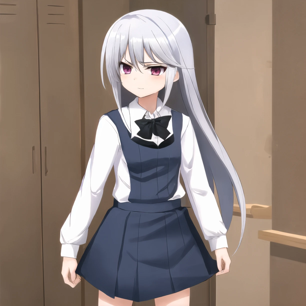 best quality, masterpiece, ultra-detailed, kazami kazuki, silver hair, long hair, purple eyes, 1 girl, school uniform, Van pose