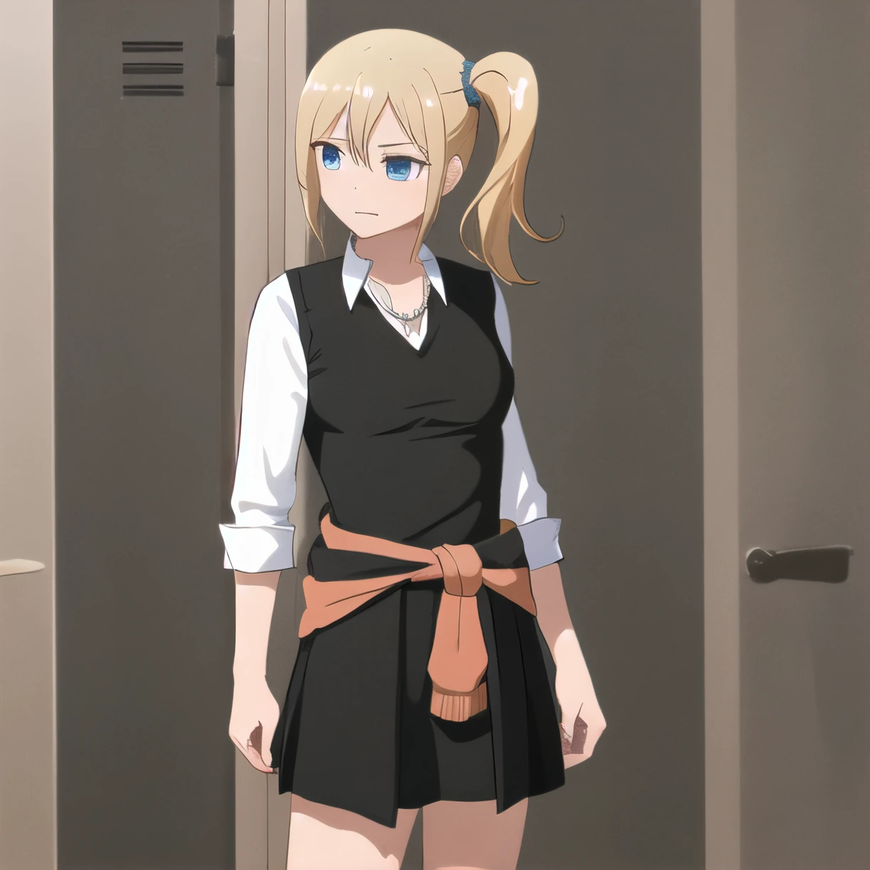 best quality, masterpiece, ultra-detailed,  Van pose, aahayasaka, side ponytail, medium breasts, necklace, collared shirt, black vest, sleeves rolled up, clothes around waist, black skirt