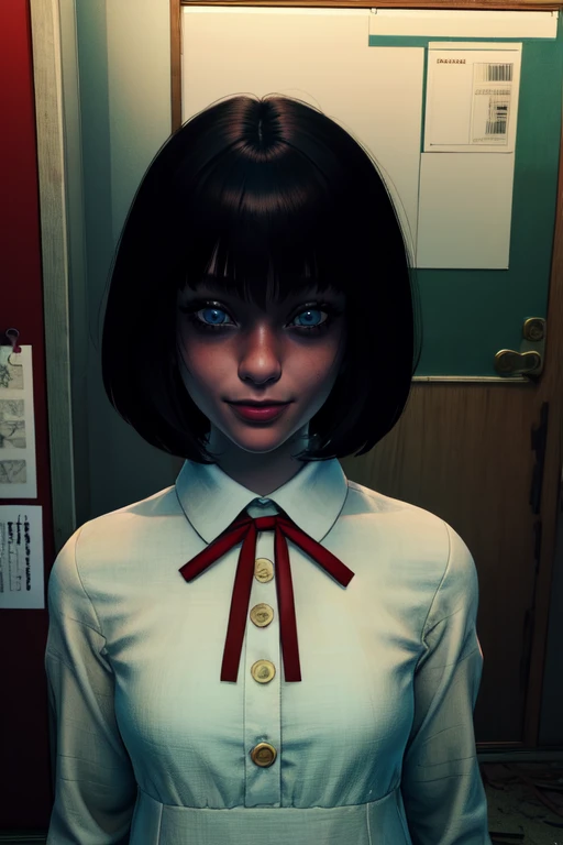 hanakoSan,blue eyes, black bob cut, bangs,   
white dress, red neck ribbon,  
abandoned japanese school, indoors, night, 
upper body, standing, looking at viewer,  smile,
(insanely detailed, beautiful detailed face, masterpiece, best quality) 
 <lora:hanakoSan:0.7>   horror \(theme\),