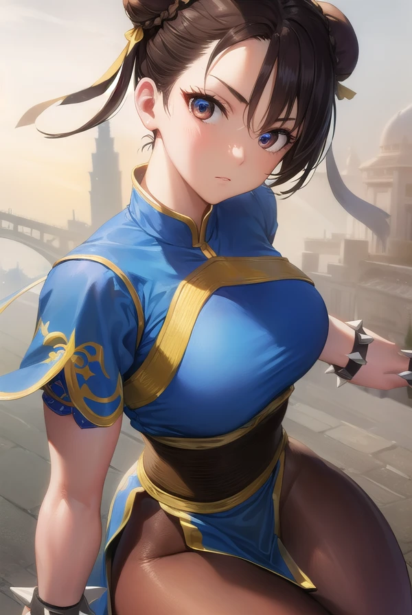 chunli, <lora:chunli-lora-nochekaiser:1>,
chun li, (brown eyes:1.5), brown hair, (bun cover:1.5), double bun, eyeliner, hair bun, lipstick, makeup, pink lips,
BREAK blue dress, boots, bracelet, brown pantyhose, china dress, chinese clothes, cross-laced footwear, dress, gold trim, jewelry, pantyhose, pelvic curtain, puffy sleeves, sash, short sleeves, side slit, spiked bracelet, spikes, white footwear,
BREAK looking at viewer, full body,
BREAK outdoors,
BREAK <lyco:GoodHands-beta2:1>, (masterpiece:1.2), best quality, high resolution, unity 8k wallpaper, (illustration:0.8), (beautiful detailed eyes:1.6), extremely detailed face, perfect lighting, extremely detailed CG, (perfect hands, perfect anatomy),