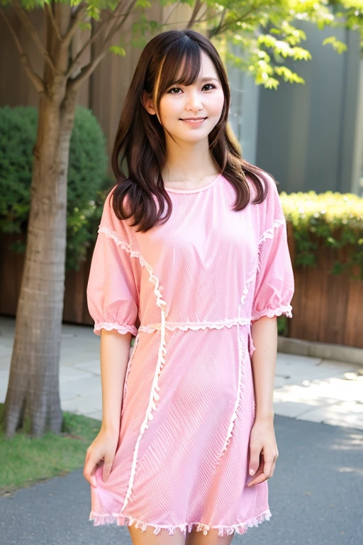 1girl (wearing a pink cotton dress:1.5),(in city at noon: 1.5)(RAW photo, best quality), (realistic, photo-realistic:1.4), masterpiece, an extremely delicate and beautiful, extremely detailed, 2k wallpaper, Amazing, finely detail, extremely detailed CG unity 8k wallpaper, ultra-detailed, highres, soft light, beautiful detailed girl, extremely detailed eyes and face, beautiful detailed nose, beautiful detailed eyes,perfect anatomy,soft light,slender body,(sun light),smiling,(close up:1.5),(look at viewer from front:1.2),cinematic angle,slender body,(wavy hair),
<lora:nanaseayaka_lora-01:0.8>