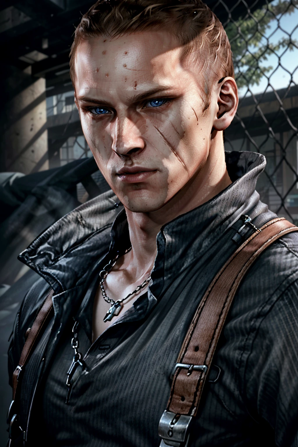 (masterpiece, best quality) <lora:epi_noiseoffset2:1> <lora:add_detail:0.7> <lora:JakeMullerRE:0.8>
JakeMullerRE, solo, looking at viewer, blue eyes, blonde hair, 1boy, closed mouth, male focus, scar, portrait, scar on face, realistic, fence, bald, manly, chain-link fence