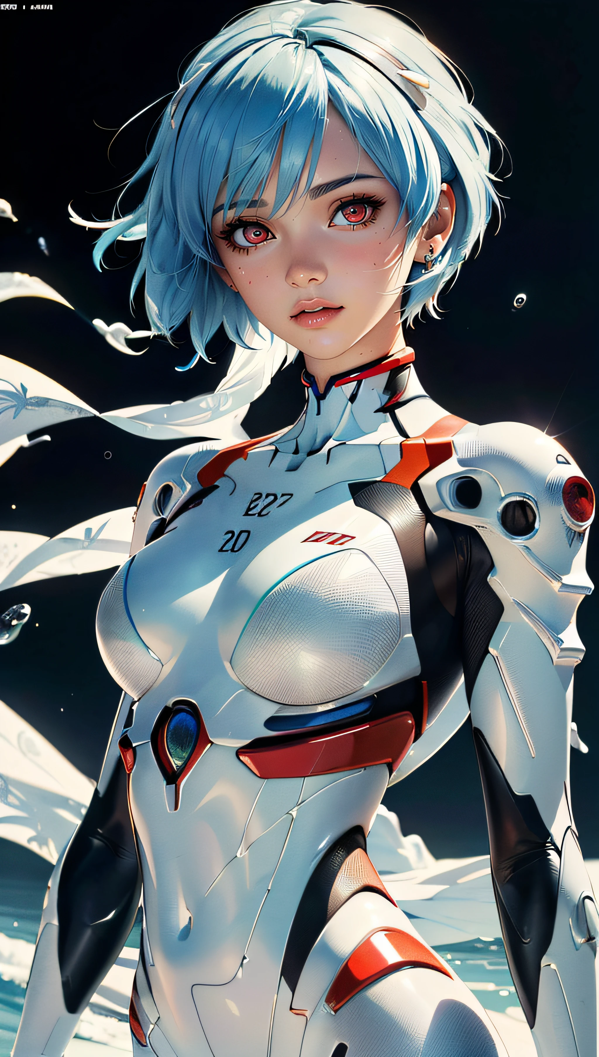 (best quality, masterpiece, colorful, dynamic angle, highest detailed)(\Rei Ayanami\), upper body photo, fashion photography of cute girl (\Rei Ayanami\), red eyes, dressing high detailed Evangelion white suit (high resolution textures), in dynamic pose, bokeh, (intricate details, hyperdetailed:1.15), detailed, sunlight passing through hair, splash art background(high contrast, official art, extreme detailed, highest detailed),