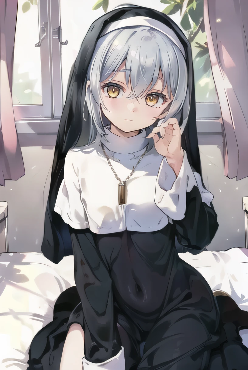 ((masterpiece:1.4, best qualit:1.4, high resolution:1.4)), <lora:Ghost_Sister-10:0.7>, gsister, 1girl, nun, habit, jewelry, dress, black dress, taut dress, hair between eyes, jewelry, indoor, small breasts, covered navel, yellow eyes, closed mouth, sad expression, silver hair, five fingers, frontal view, looking at viewer, <lora:DDTrueKneeling_v2:0.5>, kneeling, sitting on bed, hands on thighs