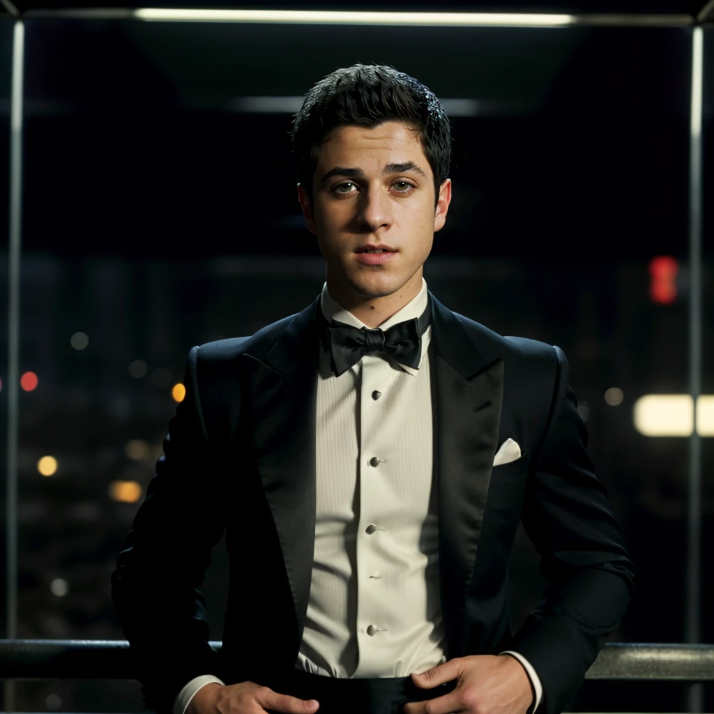 Scenery of a very chic party, with several guests drinking and dancing in the party's neon lights, a young white man, short straight black hair, dark eyes with thick lashes, slim, wearing a party tuxedo, holding a glass of champagne that flows a dark red liquid, realistic, illustration, digital art