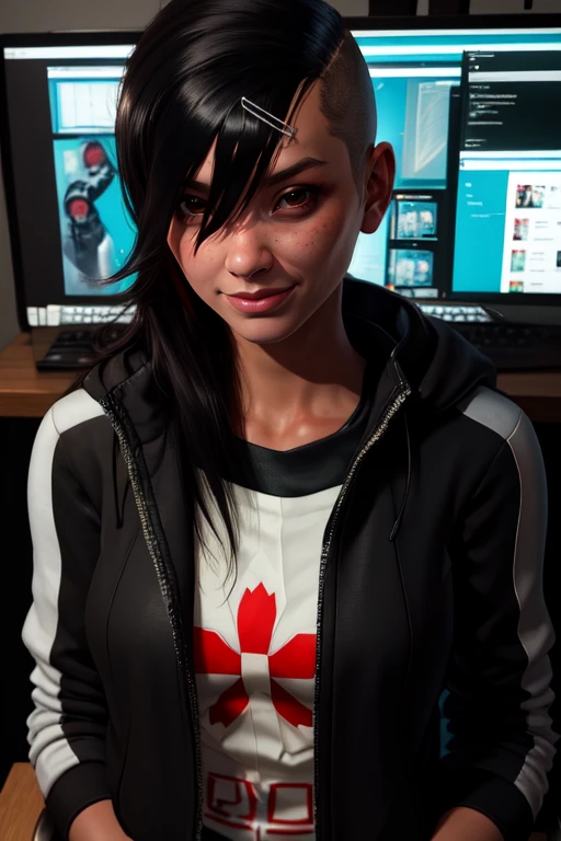Rinko, brown eyes, hair to side, shaved head, hairclip,
black jacket, black pants, white undershirt with red logo,
standing, upper body, facing viewer, smile,
computer desk, cyberpunk, sitting,
(insanely detailed, masterpiece, best quality),
solo, <lora:Rinko:0.7>