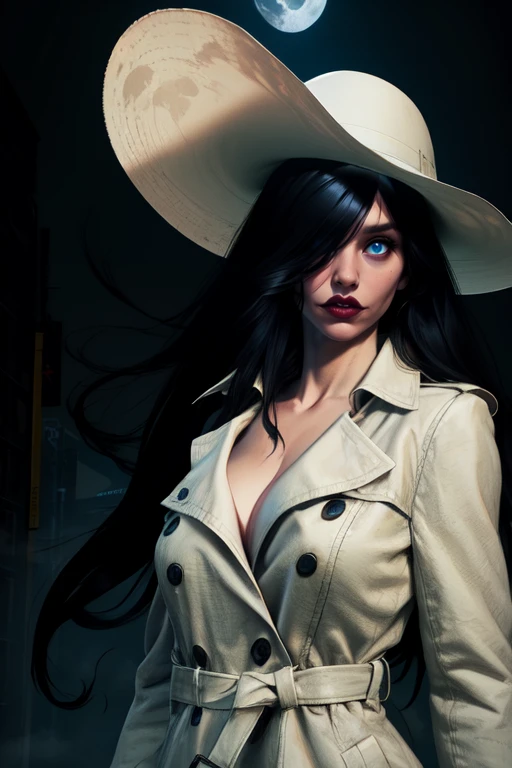 Kuchisake, blue eyes, long black hair, lips, stitched mouth,
white hat, white trench coat, cleavage,
standing, upper body,
empty streets, night, fog, moon, horror \(theme\),
(insanely detailed, masterpiece, best quality),
solo, <lora:Kuchisake:0.7>