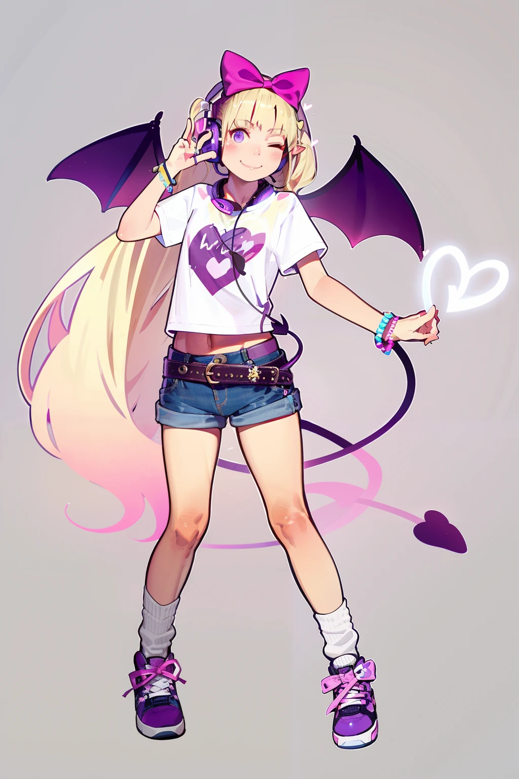 masterpiece, best quality, 1girl, one eye closed, demon tail, tail, solo, long hair, headphones, shorts, smile, purple eyes, twintails, blonde hair, wings, headphones around neck, looking at viewer, shoes, jewelry, denim, full body, simple background, ;), sneakers, demon girl, bracelet, grey background, bag, blush, denim shorts, very long hair, bow, pointy ears, hair ornament, short sleeves, shirt, belt, short shorts, bangs, demon wings, hair bow, socks, t-shirt, hair ribbon, heart