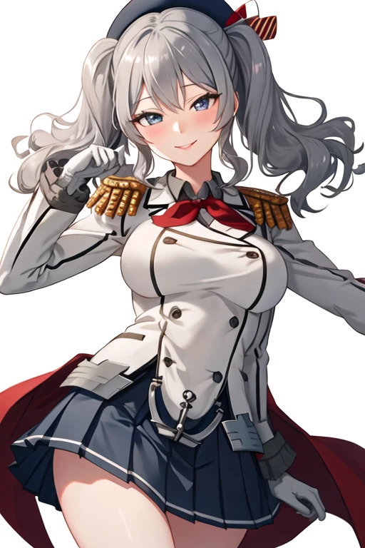 best quality, masterpiece, highres, solo, {kashima_kantaicollection:1.15}, twintails, grey_hair, wavy_hair, blue_eyes, breasts, blush, long_hair, smile, hat, large_breasts, beret, 1girl, epaulettes, looking_at_viewer, military, military_uniform, skirt, uniform, gloves, pleated_skirt, miniskirt, simple_background, white_background, white_gloves, grey_eyes