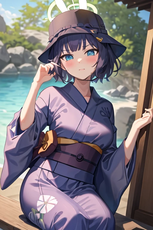 best quality, masterpiece, highres, solo, {yukata:1.40}, {kimono:1.20}, {saki_bluearchive:1.15}, short_hair, halo, blush, bangs, breasts, blue_eyes, large_breasts, upper_body, black_hair, purple_hair, hat