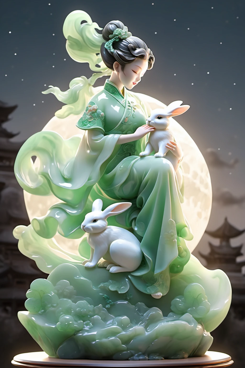 jade Sculptureï¼jade, realisticï¼1 girl, Holding a rabbit in her arms ï¼pure skin, cheongsam, cinematic light, full moon, cloud, night, moon light, star <lora:jade:0.7>