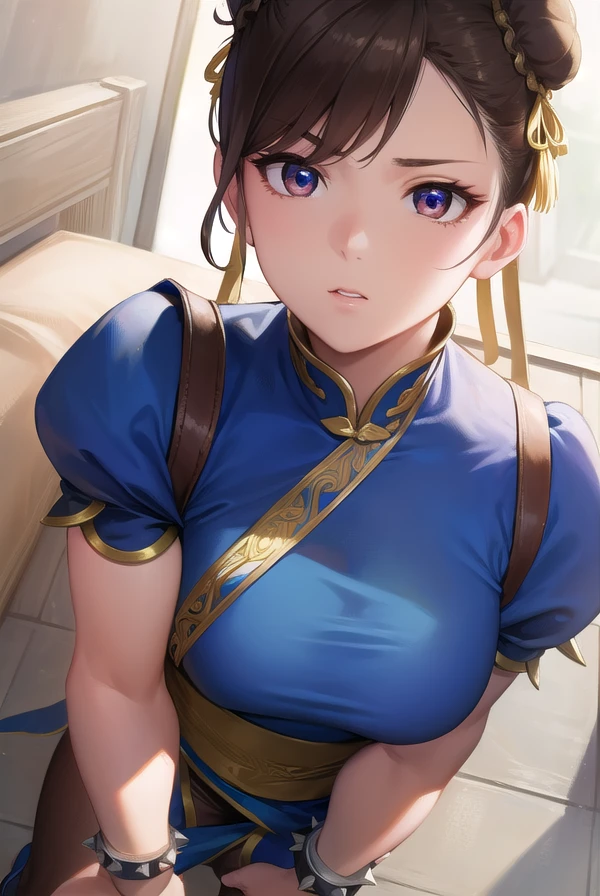 chunli, <lora:chunli-lora-nochekaiser:1>,
chun li, (brown eyes:1.5), brown hair, (bun cover:1.5), double bun, eyeliner, hair bun, lipstick, makeup, pink lips,
BREAK blue dress, boots, bracelet, brown pantyhose, china dress, chinese clothes, cross-laced footwear, dress, gold trim, jewelry, pantyhose, pelvic curtain, puffy sleeves, sash, short sleeves, side slit, spiked bracelet, spikes, white footwear,
BREAK looking at viewer, full body,
BREAK outdoors,
BREAK <lyco:GoodHands-beta2:1>, (masterpiece:1.2), best quality, high resolution, unity 8k wallpaper, (illustration:0.8), (beautiful detailed eyes:1.6), extremely detailed face, perfect lighting, extremely detailed CG, (perfect hands, perfect anatomy),