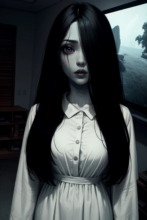 Sadako, long black hair, facing viewer, pale skin, hair over eyes, 
White dress, long sleeves ,dirty clothes, solo, standing, dark room, large TVs,
 (insanely detailed, beautiful detailed face, masterpiece, best quality)
 <lora:TheOnryo-10v7:0.7>