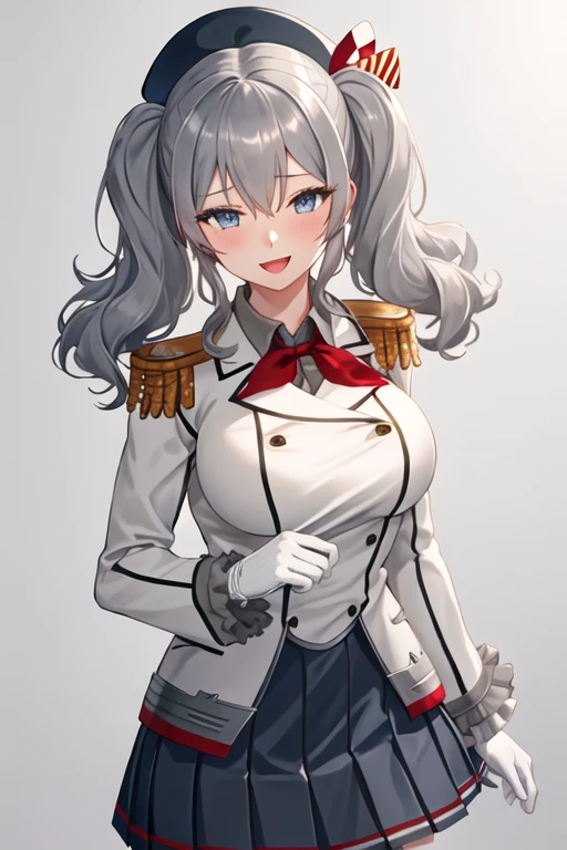 best quality, masterpiece, highres, solo, {kashima_kantaicollection:1.15}, twintails, grey_hair, wavy_hair, blue_eyes, breasts, blush, long_hair, smile, hat, large_breasts, beret, 1girl, epaulettes, military, military_uniform, uniform, jacket, looking_at_viewer, neckerchief, sidelocks, gloves, long_sleeves, red_neckerchief, white_jacket, white_gloves, military_jacket, black_headwear, buttons, frills, skirt, pleated_skirt, frilled_sleeves, black_skirt, hair_between_eyes, open_mouth