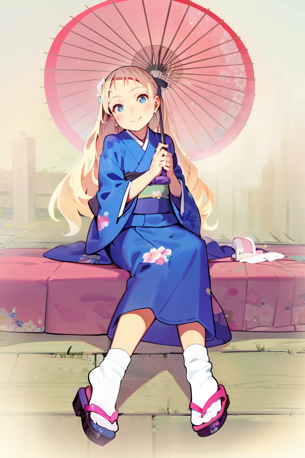 masterpiece, best quality, 1girl, solo, umbrella, japanese clothes, blue eyes, kimono, oil-paper umbrella, smile, long hair,  white hair, tabi, sitting, socks, holding, multicolored hair, sandals,  looking at viewer, sash, sandals removed, hair ornament, holding umbrella, shoes, haori, full body, happy new year, white socks, shoes removed, wide sleeves, long sleeves, parasol, obi, blush, single shoe, pink hair, lying, floral print, closed mouth, blonde hair