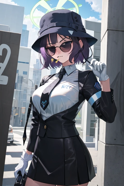 best quality, masterpiece, highres, solo, {black business suit:1.40}, {tie:1.20}, {sunglasses:1.25}, {white gloves:1.15}, {white shirt:1.10}, {black skirt:1.15}, {smoking:1.20}, handsome, {saki_bluearchive:1.15}, short_hair, halo, blush, bangs, breasts, blue_eyes, large_breasts, upper_body, black_hair, purple_hair, hat