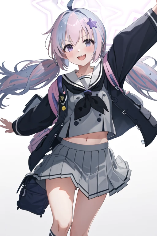 reisa, 1girl,solo, halo, multicolored hair, twintails, low twintails,hair ornament, smile, star (symbol), ahoge, star hair ornament,long hair, purple eyes,neckerchief,black neckerchief,skirt,jacket,school uniform,sailor collar,white sailor collar,long sleeves,<lora:reisaV2-000004:1>, small breasts,
from below, zettai ryouiki,