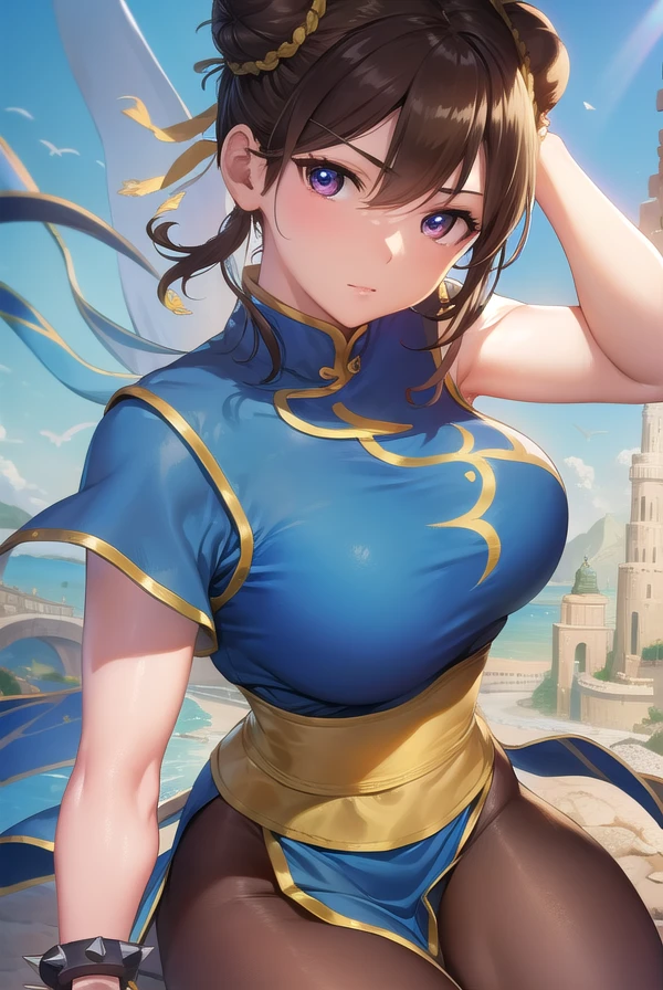 chunli, <lora:chunli-lora-nochekaiser:1>,
chun li, (brown eyes:1.5), brown hair, (bun cover:1.5), double bun, eyeliner, hair bun, lipstick, makeup, pink lips,
BREAK blue dress, boots, bracelet, brown pantyhose, china dress, chinese clothes, cross-laced footwear, dress, gold trim, jewelry, pantyhose, pelvic curtain, puffy sleeves, sash, short sleeves, side slit, spiked bracelet, spikes, white footwear,
BREAK looking at viewer, full body,
BREAK outdoors,
BREAK <lyco:GoodHands-beta2:1>, (masterpiece:1.2), best quality, high resolution, unity 8k wallpaper, (illustration:0.8), (beautiful detailed eyes:1.6), extremely detailed face, perfect lighting, extremely detailed CG, (perfect hands, perfect anatomy),