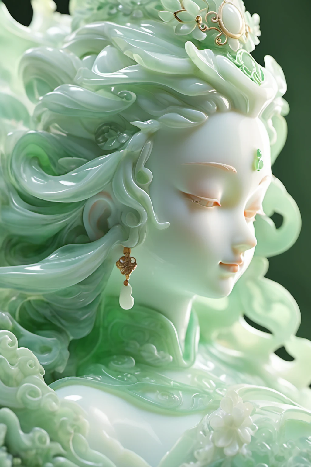jade Sculptureï¼jade, realisticï¼1 girl, hair ornament, close up shot, pure white skin, cinematic light, <lora:jade:0.9>
