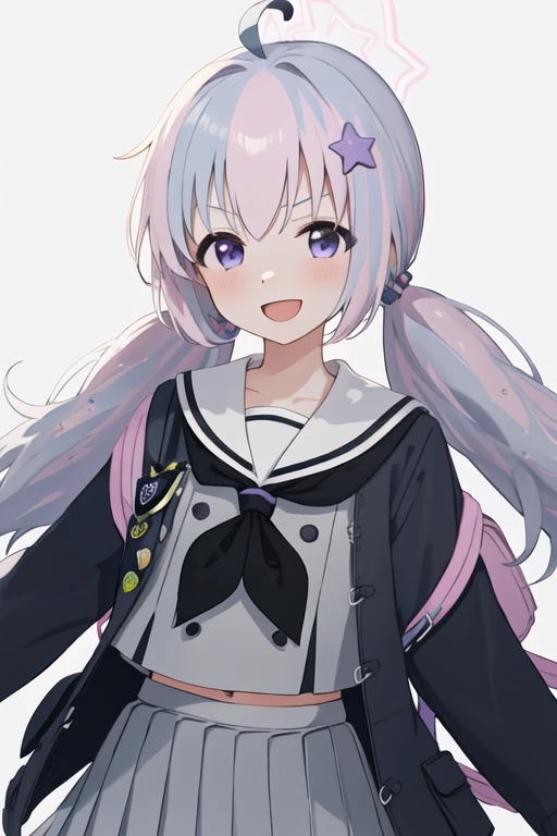 best quality, masterpiece, highres, solo, {reisa_bluearchive:1.15}, hair_ornament, star_\(symbol\), long_hair, ahoge, star_hair_ornament, twintails, low_twintails, open_mouth, halo, multicolored_hair, bangs, purple_eyes, pink_hair, serafuku, blush, smile, blue_hair, purple_hair, 1girl, black_neckerchief, long_sleeves, looking_at_viewer, neckerchief, pleated_skirt, sailor_collar, school_uniform, skirt, white_sailor_collar, :d, grey_skirt, jacket, simple_background, star_halo, two-tone_hair, white_background, backpack, bag, grey_shirt, upper_body