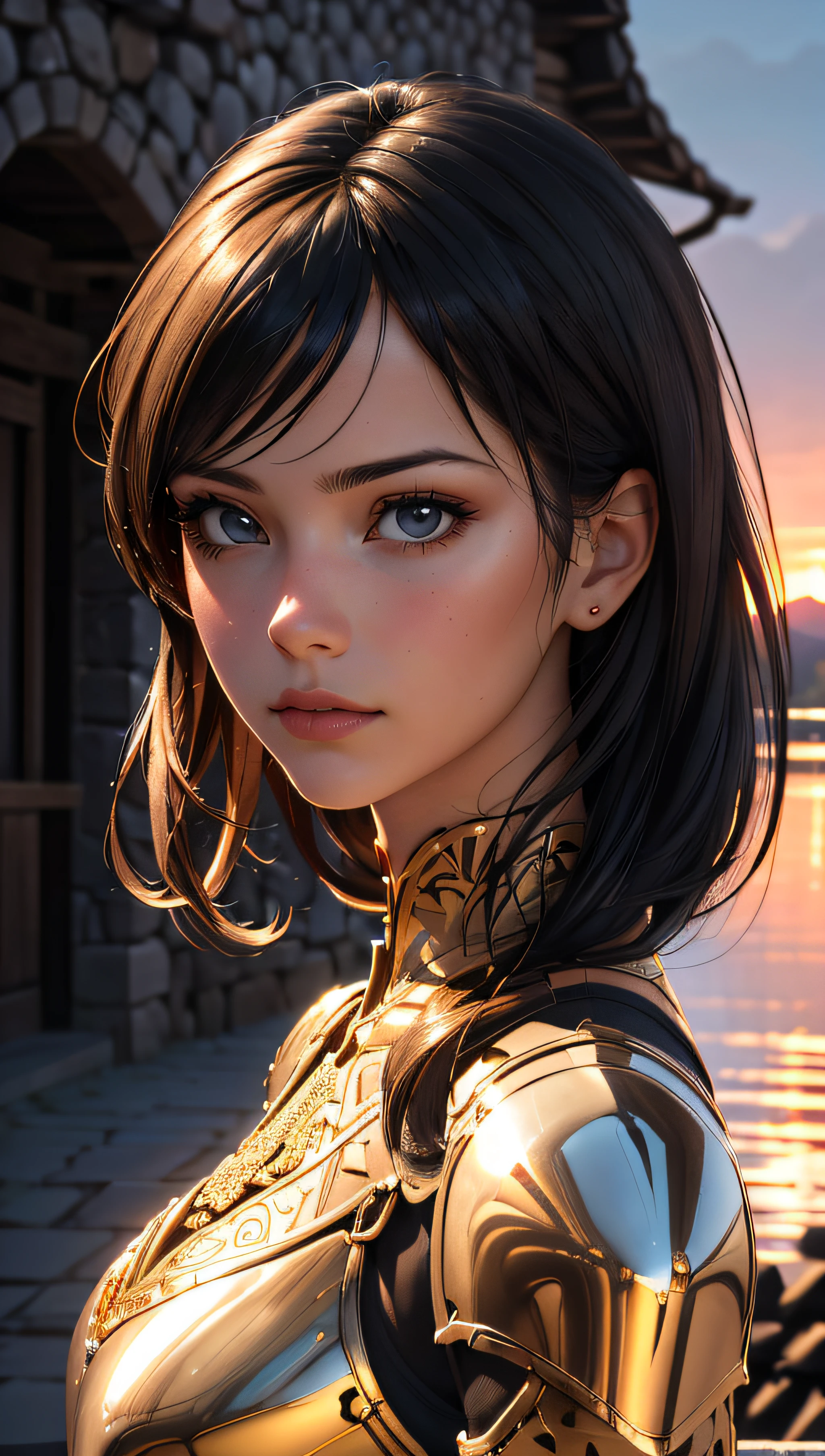 Portrait of a girl, the most beautiful in the world, (medieval gold armor), metal reflections, upper body, outdoors, intense sunlight, far away castle, professional photograph of a stunning woman detailed, perfect bobbed sexy intense black hair, sharp focus, dramatic, award winning, cinematic lighting, volumetrics dtx, (film grain, blurry background, blurry foreground, bokeh, depth of field, sunset,interaction, Perfect chainmail), (masterpiece), (extremely intricate:1.3), (ultra realistic),