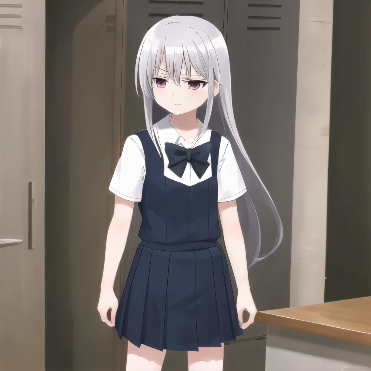 best quality, masterpiece, ultra-detailed,  Van pose, kazami kazuki, silver hair, long hair, purple eyes, school uniform