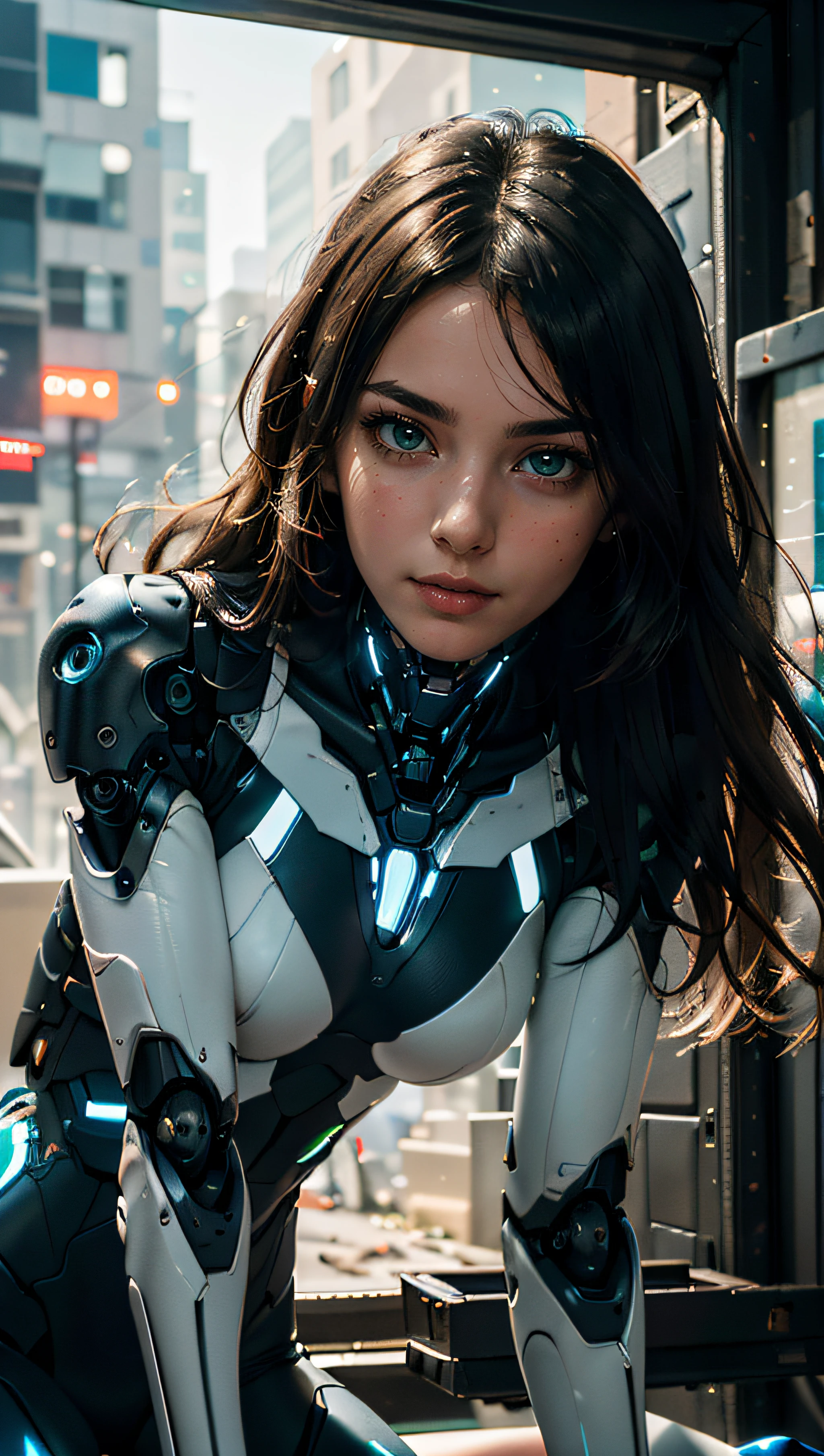 (best quality, masterpiece, colorful, dynamic angle, highest detailed)upper body photo, full body photo, fashion photography of cute 1girl, mechanical arms, cyborg, dark mood, dystopia, glowing, looking at viewer, sitting, long hair, bokeh (intricate details, hyperdetailed:1.15), detailed, light passing through hair, (official art, extreme detailed, highest detailed),