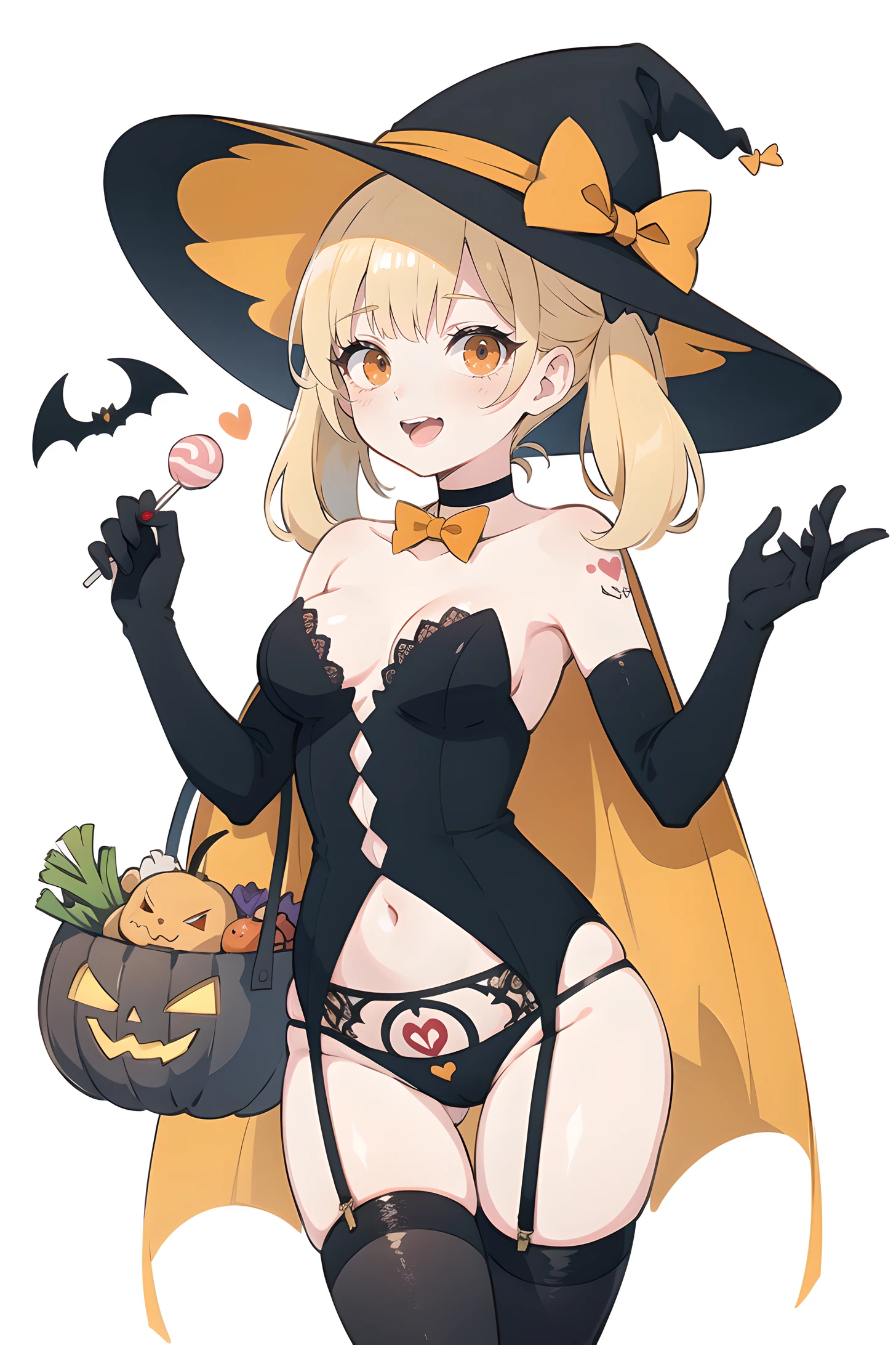 (masterpiece, top quality, best quality), (splash art), european, bat, candy, halloween, halloween_bucket, halloween_costume, happy_halloween, jack-o'-lantern, pumpkin, pumpkin_hair_ornament, pumpkin_hat, tattoo, trick_or_treat, witch_hat, body_writing, pubic_tattoo, tombstone, garter_straps,pasties, thighhighs, silk, ghost_costume, lollipop, spider_web, 1girl, vampire_costume, bat_hair_ornament, basketball, food-themed_hair_ornament, graveyard, long_hair, orange_ribbon, heart_tattoo, holding_vegetable, broom, swirl_lollipop, candy_cane, orange_choker, bat_wings, basket, breasts, solo, candle, food, orange_bow, open_mouth, bat_print, castle, orange_panties, black_legwear,vegetable, bow, shoulder_tattoo, orange_nails, gloves, twintails, spider_web_print, blonde_hair, very_long_hair, lantern, grave, charmander, orange_legwear, navel, bare_tree, smile, orange_bowtie, elbow_gloves, cookie, full_moon, cape, mini_witch_hat, bridal_gauntlets, sexy, garter belts