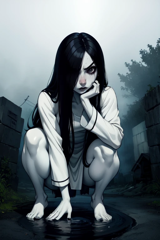 Sadako, long black hair, facing viewer, pale skin, hair over eyes,  angry,  petite, 
White dress, long sleeves , squatting,  barefoot, 
 horror \(theme\),  outside,  water well, fog,  
 (insanely detailed, beautiful detailed face, masterpiece, best quality)
 <lora:TheOnryo-10v7:0.7> solo,