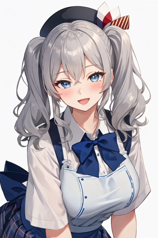 best quality, masterpiece, highres, solo, {kashima_kantaicollection:1.15}, twintails, grey_hair, wavy_hair, blue_eyes, breasts, blush, long_hair, smile, hat, large_breasts, beret, 1girl, alternate_costume, blue_bowtie, bow, bowtie, looking_at_viewer, shirt, sidelocks, uniform, white_shirt, apron, blue_apron, blue_bow, waitress, employee_uniform, hair_between_eyes, short_sleeves, upper_body, blue_headwear, blue_skirt, open_mouth, plaid, simple_background, skirt, white_background