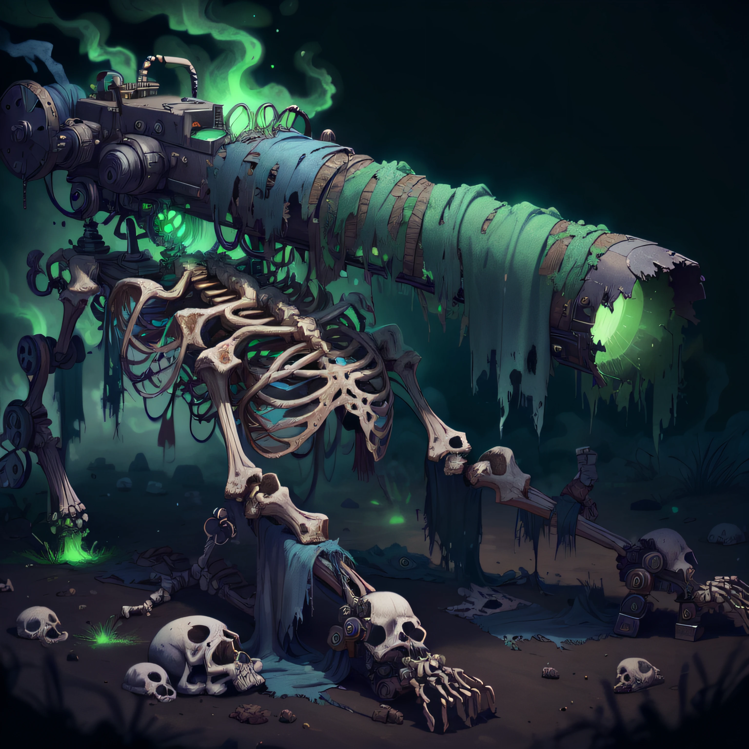 <lora:WorldofSigmarnighthaunts:1>, worldofsignighthaunts, skeletal, tattered rags, green glowing aura, cannon with legs, volumetric lighting,
