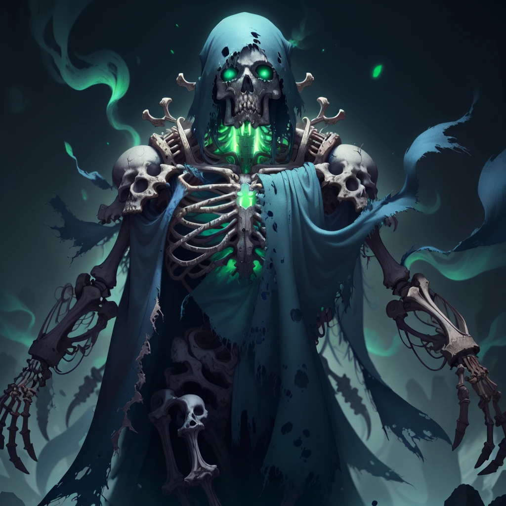 detailed eyes, <lora:WorldofSigmarnighthaunts:1>, worldofsignighthaunts, skeletal, tattered rags, green glowing aura, 1man, screaming, reaching for viewer, long robes, volumetric lighting,