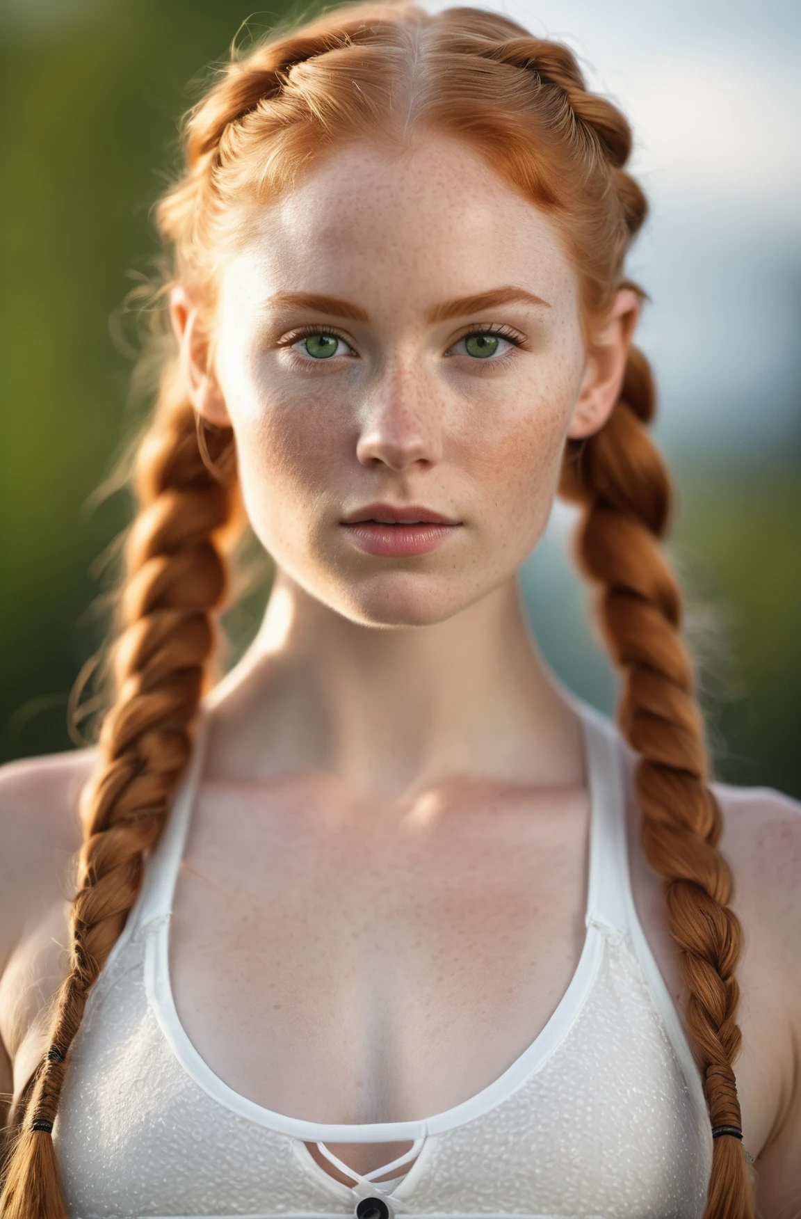 RAW Photo, close up, beautiful young girl, sexy, 34C breast, perfect body, detailed gorgeous face, freckled skin, pale skin, long hair, (((thick ginger fishtail braids))), green eyes, wearing deep v white sports bra, detailed and intricate, cinematic lighting, ultra detailed, sharp focus, 8k high definition, nice bokeh, Leica 35mm F2.8, poster