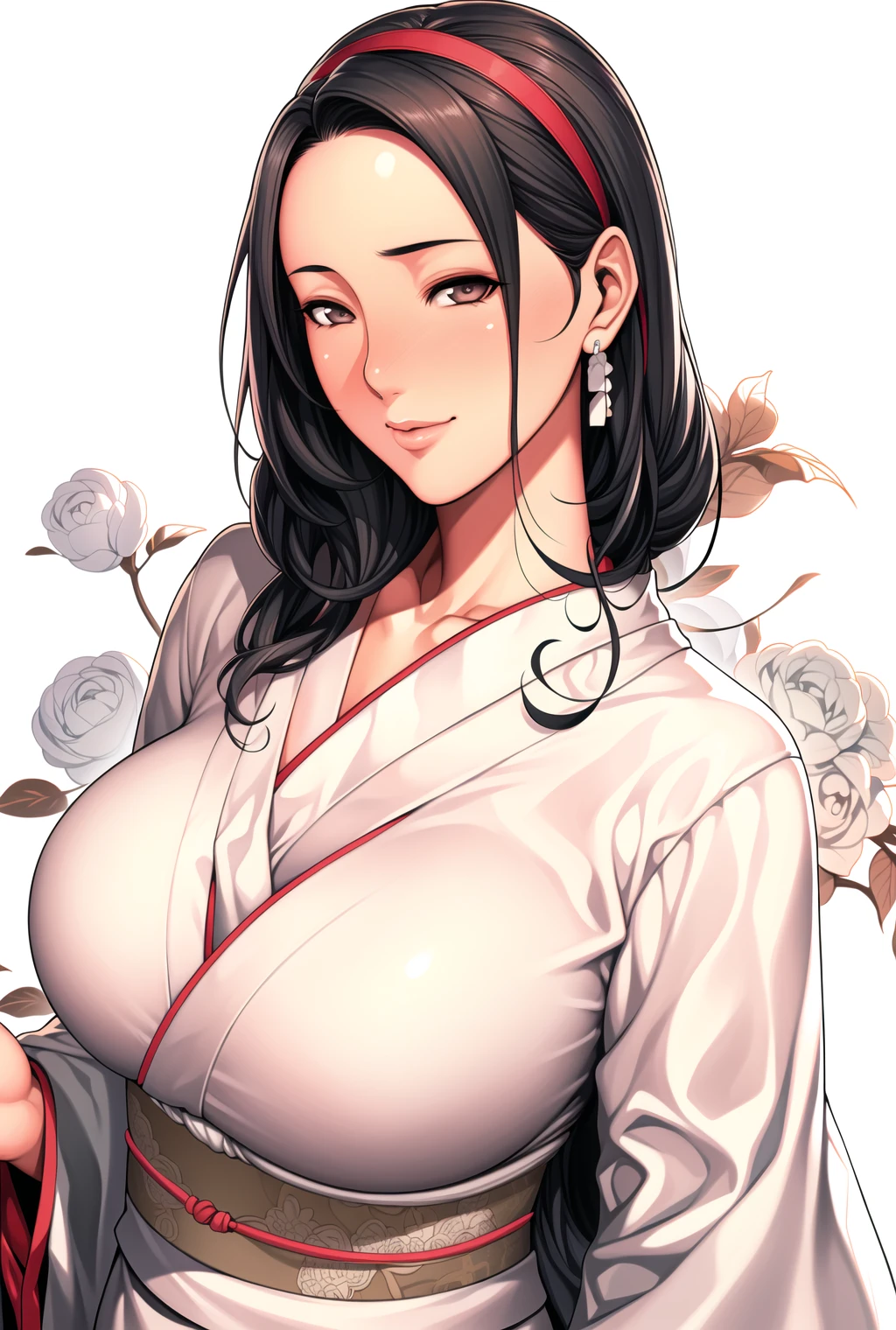 Simple White Background,
beige kimono,white rose print,japanese clothes,wide sleeves,long sleeves,
black eyes, black hair,Forehead,parted bangs, 
<lora:Oda_Non_Style-KK77-V2:0.7>,<lora:more_details:0.1>,
1 girl, 20yo,Young female,Beautiful Finger,Beautiful long legs,Beautiful body,Beautiful Nose,Beautiful character design, perfect eyes, perfect face,expressive eyes,perfect balance,
looking at viewer,(Focus on her face),closed mouth, (innocent_big_eyes:1.0),Light_Smile,
official art,extremely detailed CG unity 8k wallpaper, perfect lighting,Colorful, Bright_Front_face_Lighting,shiny skin, 
(masterpiece:1.0),(best_quality:1.0), ultra high res,4K,ultra-detailed,
photography, 8K, HDR, highres, absurdres:1.2, Kodak portra 400, film grain, blurry background, bokeh:1.2, lens flare, (vibrant_color:1.2),professional photograph, 
(Beautiful,large_Breasts:1.4), (beautiful_face:1.5),(narrow_waist),