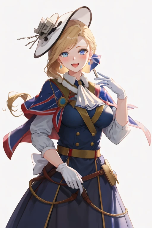 best quality, masterpiece, highres, solo, {hood_azurlane:1.15}, blonde_hair, long_hair, blue_eyes, breasts, smile, jewelry, earrings, large_breasts, blush, 1girl, :d, bangs, black_bow, blue_capelet, bow, capelet, gloves, hair_bow, hat, long_sleeves, looking_at_viewer, open_mouth, tilted_headwear, white_gloves, white_headwear, blue_dress, dress, union_jack, white_background, ascot, braid, hair_over_shoulder, hand_up, simple_background