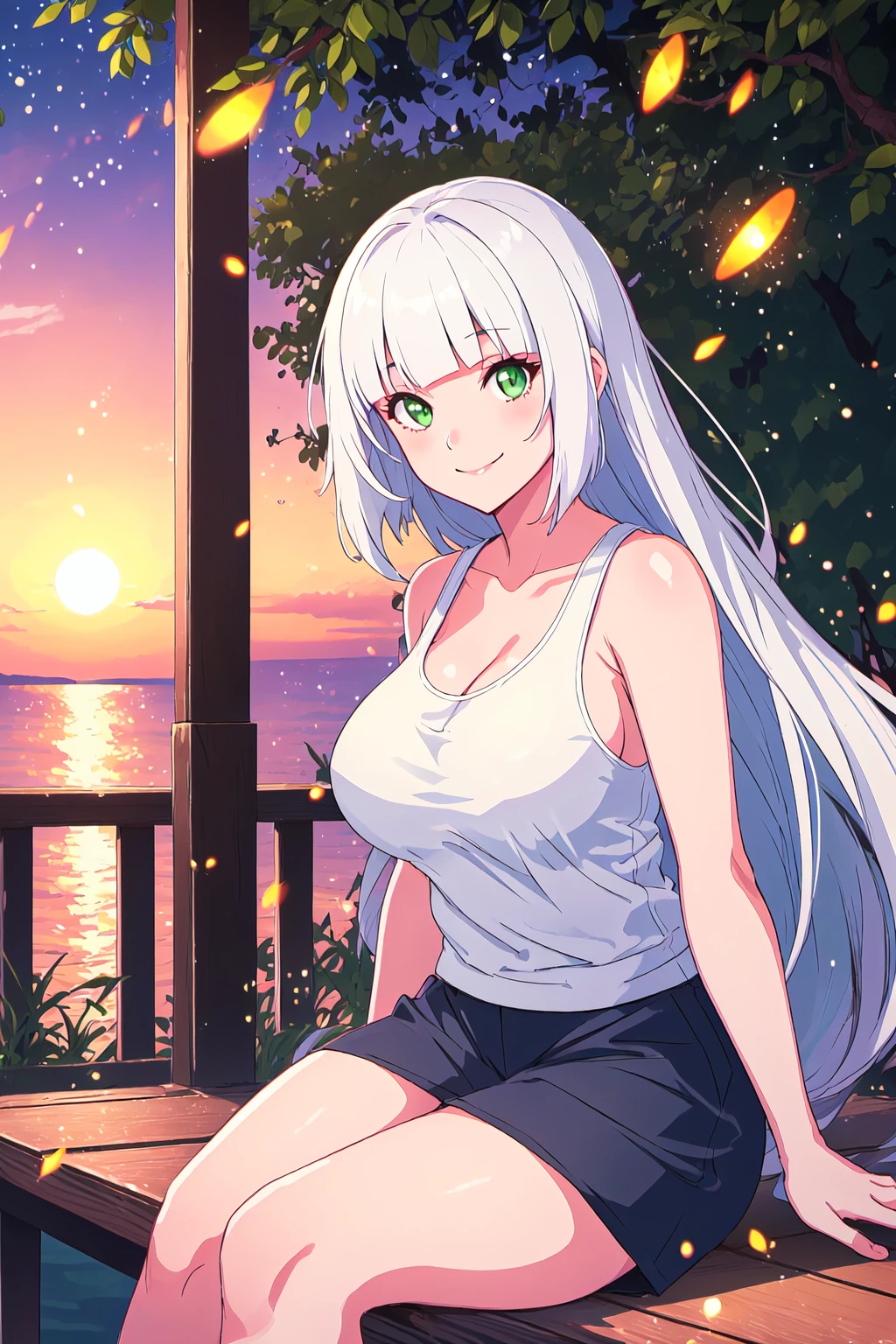 long hair, white hair, green eyes, sitting on boardwalk, sunset, light particles, fireflies, volumetric lighting, tank top, large breasts, smile, sparkling eyes, blunt bangs