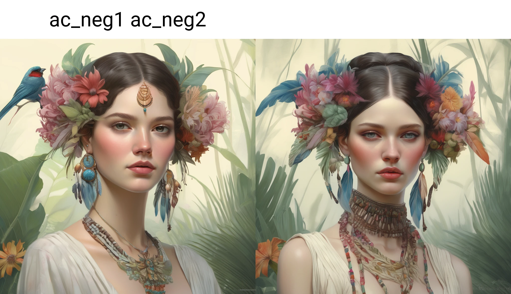 beautiful woman wearing fantastic hand-dyed cotton clothes, embellished beaded feather decorative fringe knots, colorful pigtail , subtropical flowers and plants, symmetrical face, intricate, elegant, highly detailed, 8k, digital painting,trending on pinterest, harperâs bazaar, concept, art, sharp focus, illustration, Tom Bagshaw, Lawrence Alma-Tadema, Alphonse Mucha