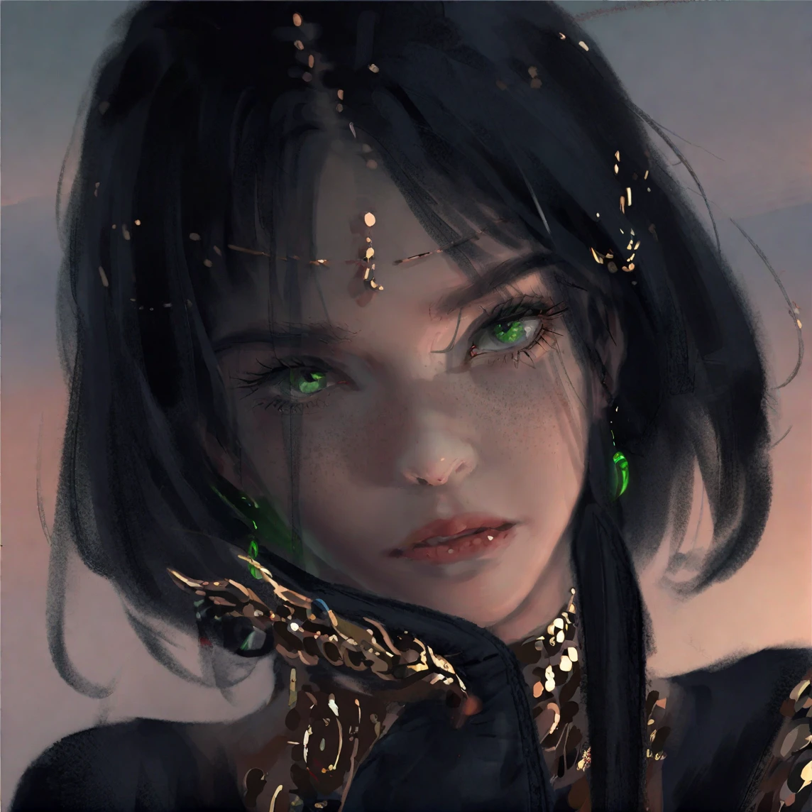 wgz style,portrait of a beautiful women highly detailed,
 black_hair, green_eyes,  looking_at_viewer